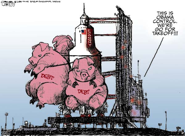 Cartoon pigs labeled 'DEBT' on a rocket launchpad