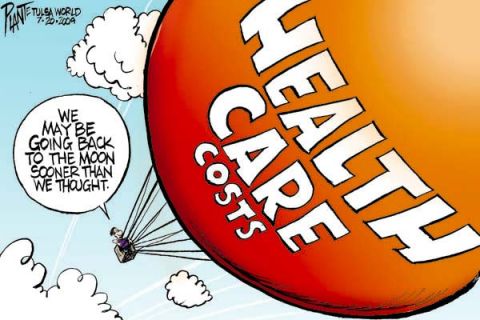 2008 Ford Bronco - A political cartoon illustrates the overwhelming burden of healthcare costs, comparing it to a journey to the moon.