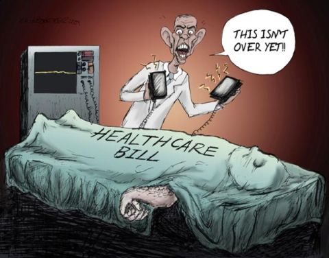 2008 Ford Bronco - A political cartoon depicts a frantic doctor with two ringing phones, standing over a patient covered by a sheet labeled "HEALTHCARE BILL".