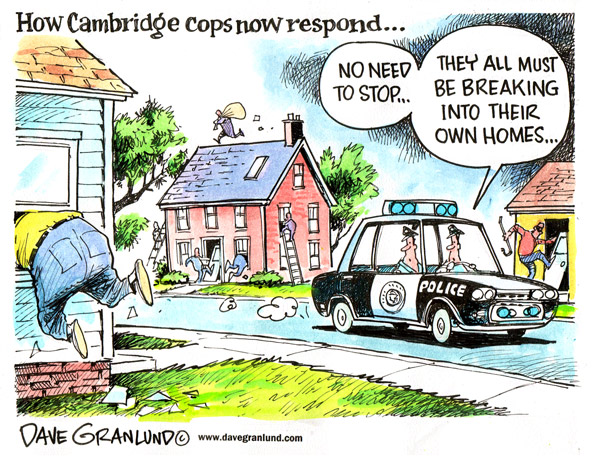 Cartoon showing a police car and people breaking into houses