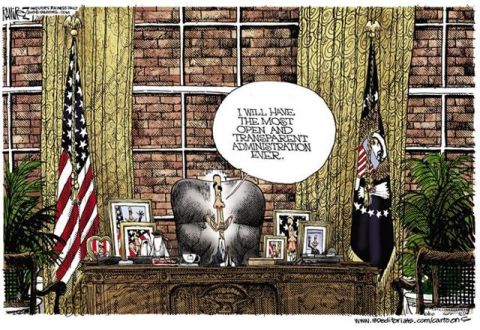 2008 Ford Bronco - A political cartoon depicts the Oval Office with a statement about transparency, contrasting with the visual elements.