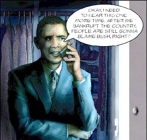2008 Ford Bronco - A political cartoon depicts Barack Obama on a phone call, discussing the country's financial state.