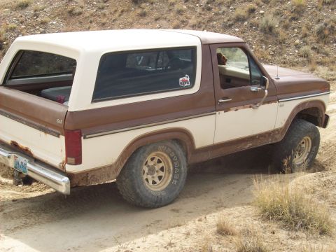 1985 Ford Bronco - This two-tone Ford Bronco is seen off-road on a dirt track.
