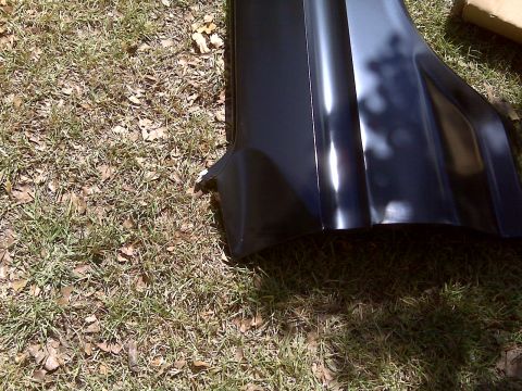 1979 Ford Bronco - A black car fender lies on the grass, showing a dented corner and reflections on its surface.