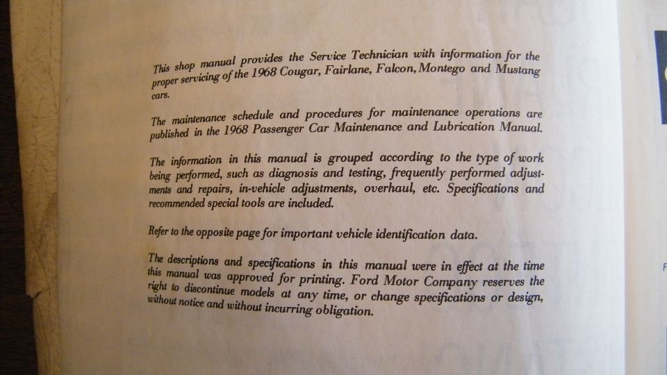 1968 shop manual introduction page for Cougar, Fairlane, Falcon, Montego and Mustang