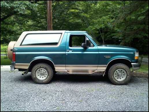 Teal Ford Bronco SUV with white top, side view, parked on gravel by trees
