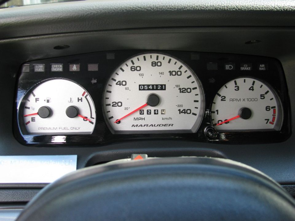 Mercury Marauder instrument cluster showing speedometer at 54121 miles and tach
