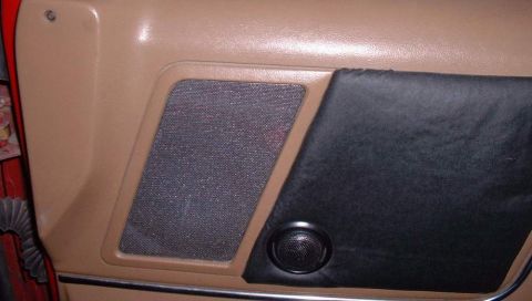 2006 Ford E350 - The interior door panel features a large speaker grille and a smaller speaker, with tan and black upholstery.