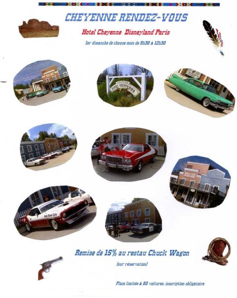 1991 Ford LTD Crown Victoria - This collage features various vintage cars and scenes from a western-themed event at Hotel Cheyenne, Disneyland Paris.