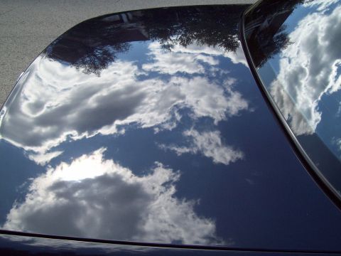 1999 Mercury Grand Marquis - The glossy finish of a dark blue car hood reflects a cloudy sky and surrounding trees.