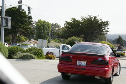 1990 Ford Taurus - Red 1990 Ford Taurus sedan seen from the rear, with a white truck in the background.