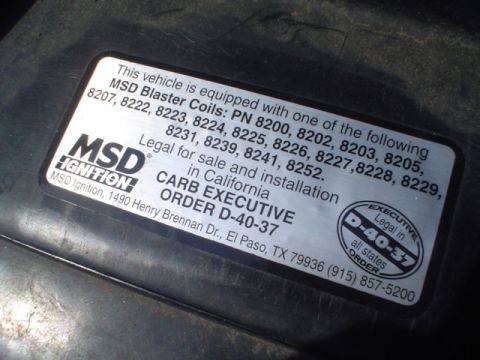 1988 Ford Bronco - Label shows MSD Blaster Coils and CARB Executive Order D-40-37 for sale and installation in California.