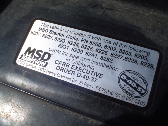 MSD Ignition label detailing Blaster Coils and CARB Executive Order D-40-37, legal for sale in California