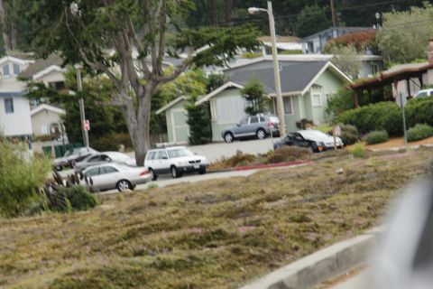 1990 Ford Taurus - A black sedan is parked on a grassy slope, with houses and other vehicles visible in the background.