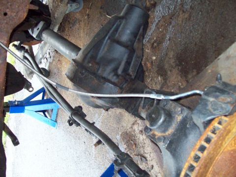 1989 Ford F-150 - The rear axle and suspension of a vehicle are visible, supported by blue jack stands.