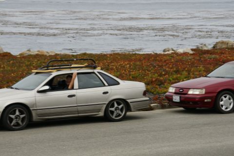 1990 Ford Taurus - Two Ford Taurus sedans are parked next to each other with a scenic ocean view.