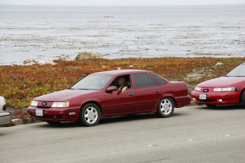 1990 Ford Taurus - Two red sedans are parked near the ocean, with one car's front end visible next to the other.