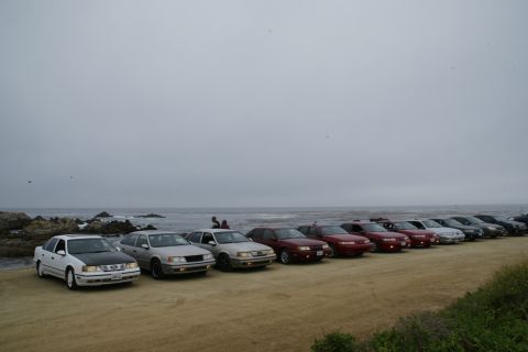 1990 Ford Taurus - A group of cars are parked along the coast on a cloudy day.