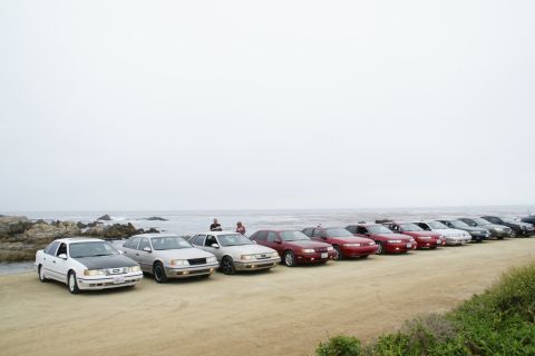 1990 Ford Taurus - Multiple Ford Taurus sedans are parked in a row along a coastline on an overcast day.