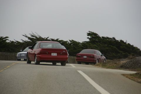 1990 Ford Taurus - Two vehicles are seen on a road with a wooden fence and trees in the background under an overcast sky.