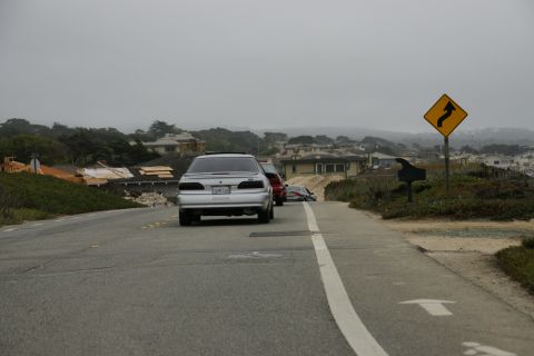 1990 Ford Taurus - A silver 1990 Ford Taurus is seen from behind, driving on a road with other vehicles and houses in the background.