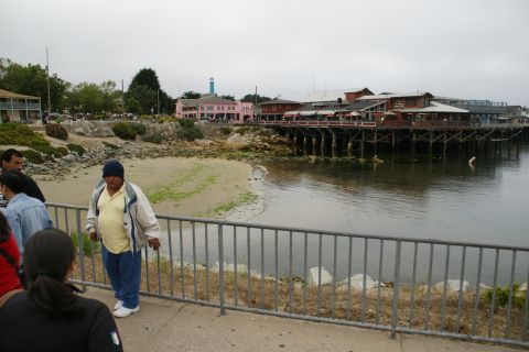 1990 Ford Taurus - A view of a coastal town with a pier extending over the water, buildings and a beach.