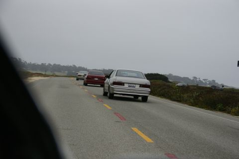 1990 Ford Taurus - A silver sedan, likely a 1986 model, is seen from behind on a foggy coastal highway, following other vehicles.
