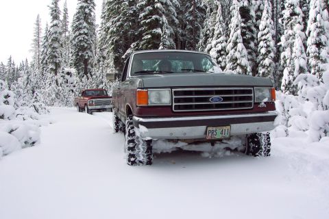 1989 Ford F-150 - Taking the back way (old wagon trail) over Emigrant Pass, 5600 ft, through the snow up to Summit Lake. The snow is 15 inches deep here but…