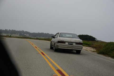 1990 Ford Taurus - Rear view of a 1990 Ford Taurus on a road with double yellow lines.