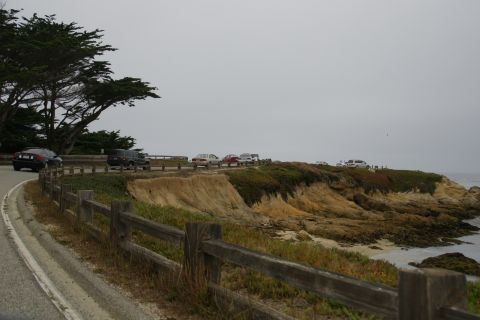 1990 Ford Taurus - Several vehicles are parked along a scenic coastal highway with a view of the ocean.