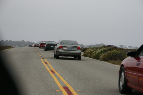 1990 Ford Taurus - Cars driving in a line on a road with double yellow lines, on a foggy day.