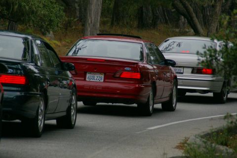 1990 Ford Taurus - Three sedans, including a red Ford Taurus, drive down a tree-lined road.