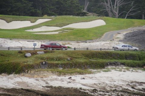 1990 Ford Taurus - Two sedans travel along a coastal road adjacent to a golf course.
