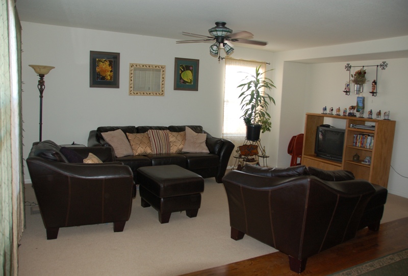 Living room with brown leather furniture, ceiling fan and a TV