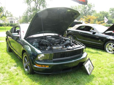 2003 Mercury Marauder - Two Ford Mustangs, a green coupe and a black convertible, displayed with hoods open at an outdoor car show.