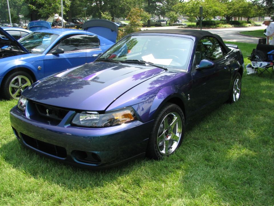 Purple Ford Mustang convertible with chrome wheels parked on grass