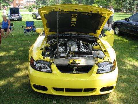 2003 Mercury Marauder - A yellow 2003 Ford Mustang Cobra is displayed with its hood open, revealing the engine and 'COBRA' text on the underside of the hood.