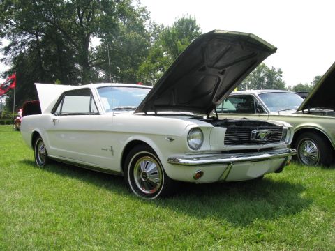 2003 Mercury Marauder - A white 1965 Ford Mustang coupe is displayed with its hood open at an outdoor car show.