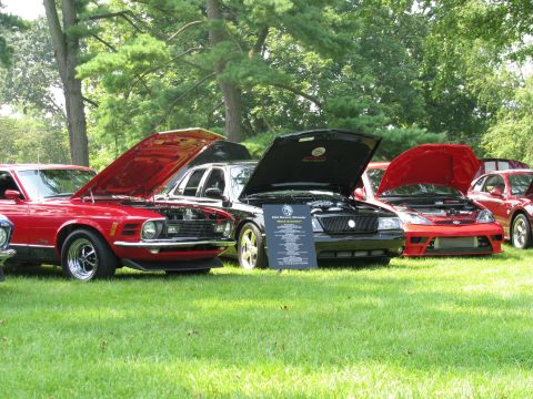 2003 Mercury Marauder - A lineup of cars with hoods open at an outdoor car show.