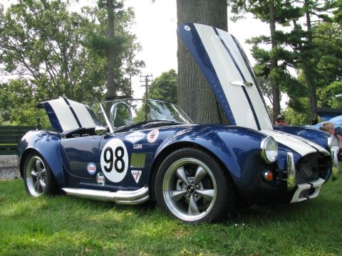 2003 Mercury Marauder - A blue and white Shelby Cobra replica with racing decals sits on grass with its hoods open.