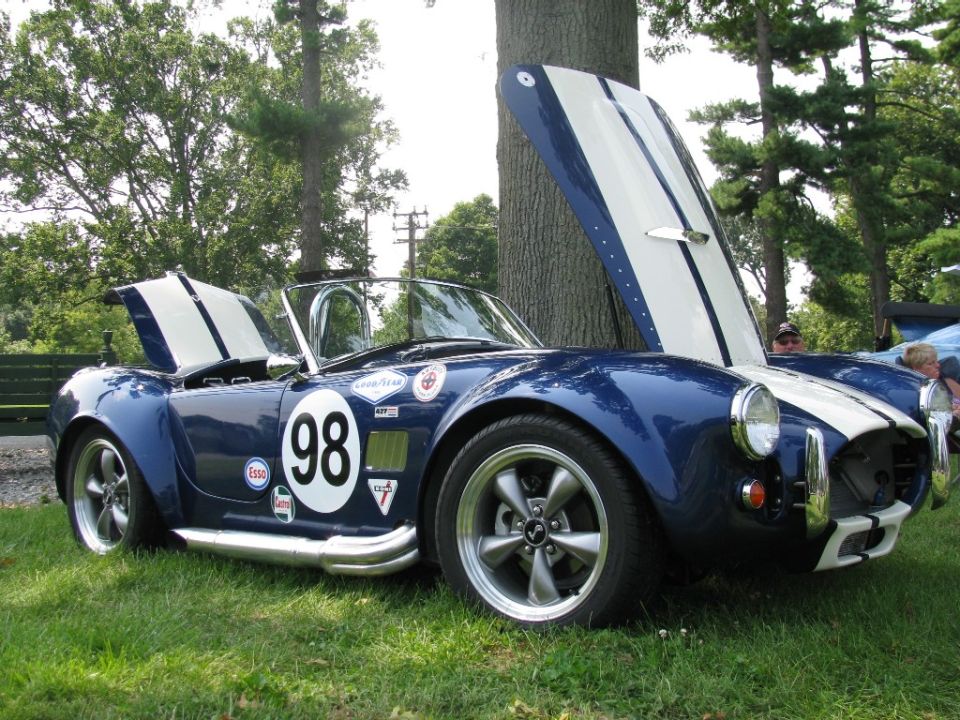 Blue and white race car with number 98 on door, hoods open