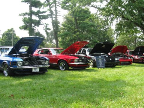 2003 Mercury Marauder - Several vintage cars are displayed with their hoods open at an outdoor car show.