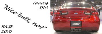 1999 Ford Taurus - Rear view of a red car with "Mirage" badging and dual exhaust tips.