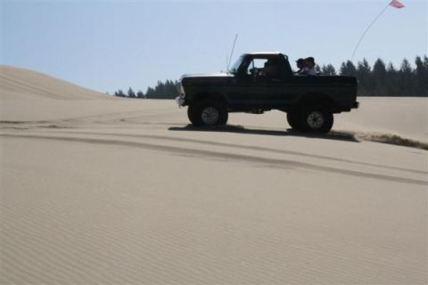 1979 Ford Bronco - A 1979 Ford Bronco kicks up sand as it drives across dunes under a clear blue sky.