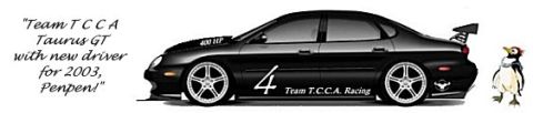 1999 Ford Taurus - A black sedan, identified as a Taurus GT in accompanying text, is depicted with racing modifications and a penguin figure.