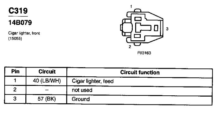 C319 cigar lighter connector pinout diagram with pin/circuit function table