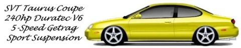 1999 Ford Taurus - This yellow SVT Taurus Coupe features a 240hp Duratec V6 engine, 5-speed Getrag transmission, and sport suspension.