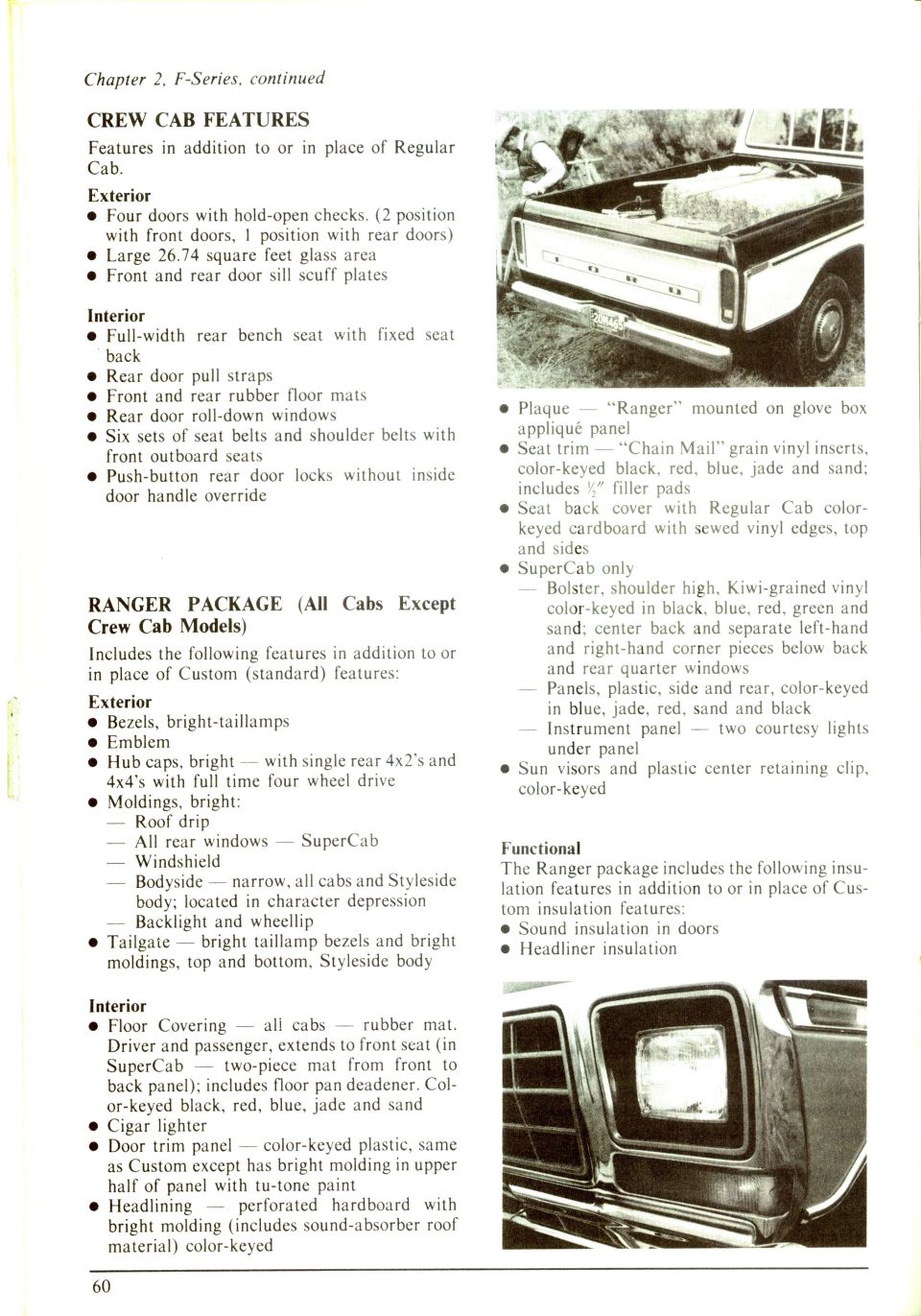 Ford F-Series buyer's guide page listing Crew Cab features and Ranger Package content with photos