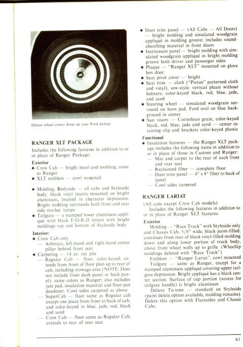 1979 Ford Bronco - This document page details features for the Ranger XLT Package and Ranger Lariat trims.