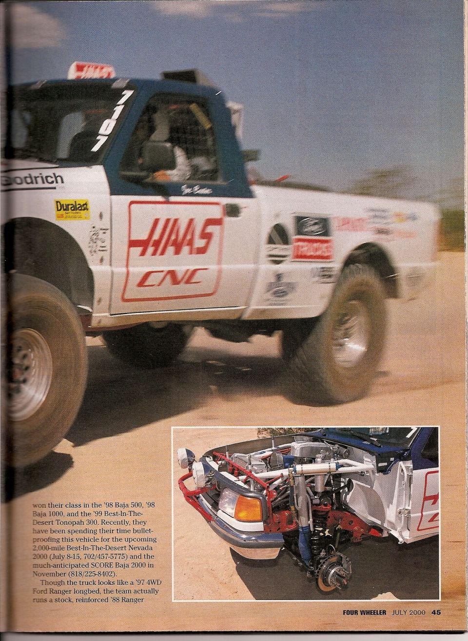 Ford Ranger race truck with 'HAAS CNC' livery, inset shows engine bay